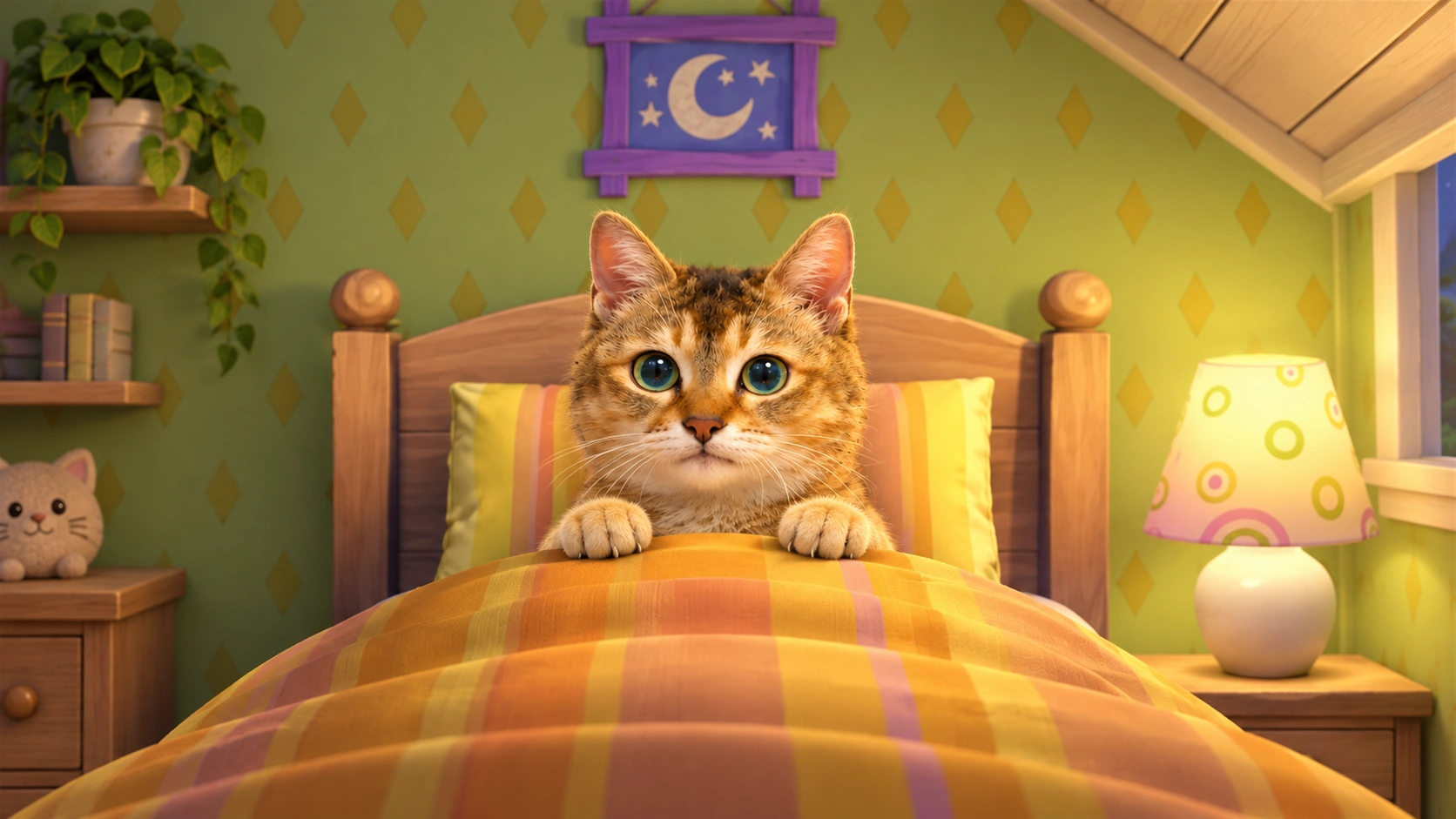 MeiMei tucked into bed beside a glowing lamp