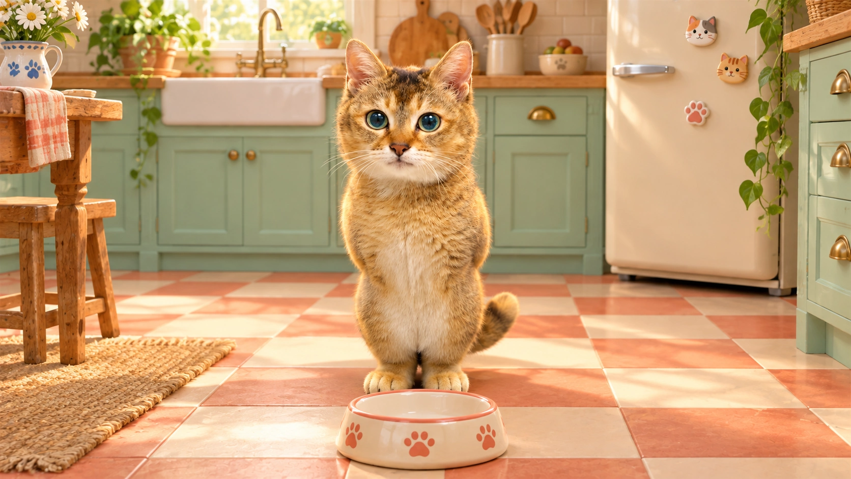 MeiMei sitting by an empty bowl in the kitchen